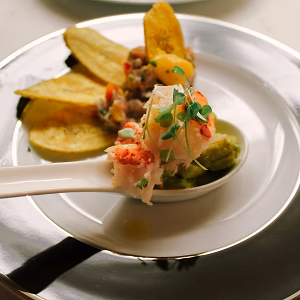 Birthday dinner lobster ceviche with plantain chips