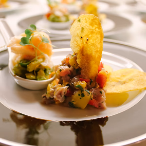 Birthday dinner lobster ceviche with side of plantain chips.