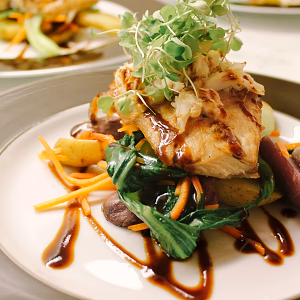 Birthday dinner striped bass closeup.