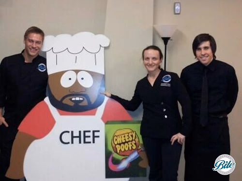 Team @ South Park with Chef and his cheesy poofs