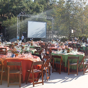Tables and chairs set up in front of stage for outdoor fundraiser