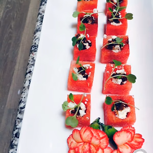 Refreshing watermelon cubes with feta to enjoy by the pool