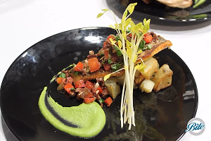 Pan Roasted Branzino w/ English Pea Puree and duck fat potatoes