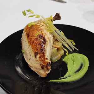 Roasted Half Chicken w/ English Pea Puree and duck fat potatoes