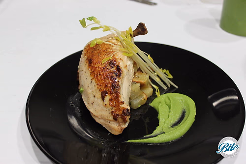 Roasted Half Chicken w/ English Pea Puree and duck fat potatoes
