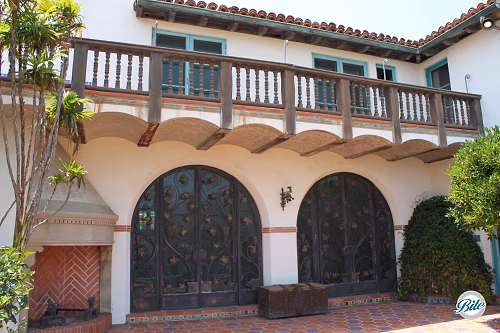 Rear of Adamson House with decorated doors and balcony