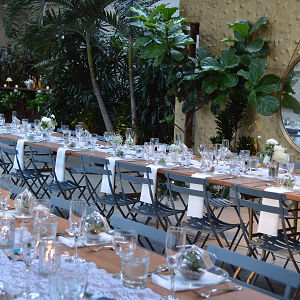 Long tables @ Millwick setup with view of magic garden