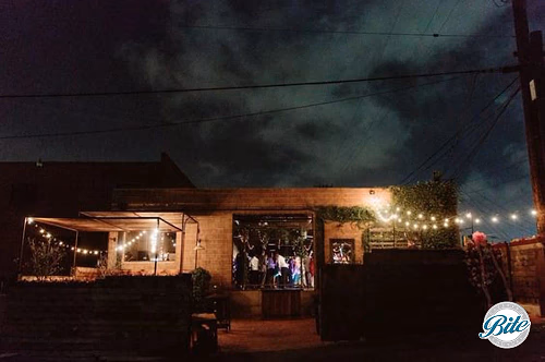 Exterior at night of Smoky Hollow Studios