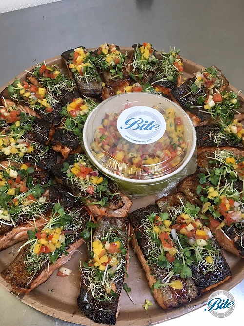 Crispy BBQ Salmon on delivery platter