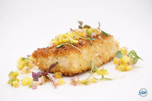 Mahi Mahi plated w/ mango salsa, closeup