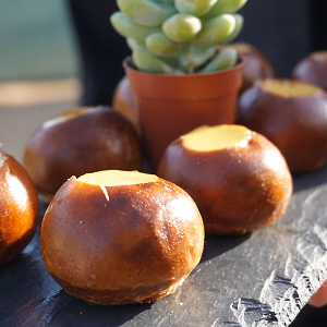 Pretzel canapes  w/ cheese fondue