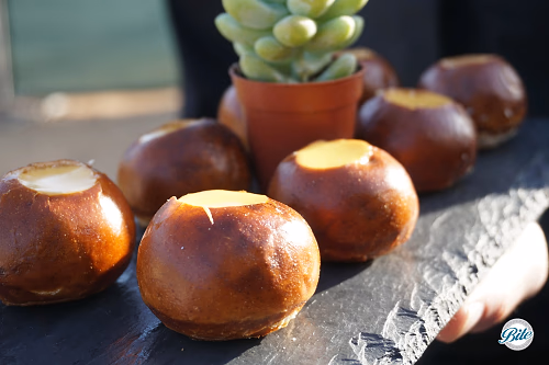 Pretzel canapes  w/ cheese fondue