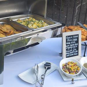 Agave glazed fish and Gnocchi on the buffet next to Potato Croquettes