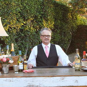 A rustic bar with bartender