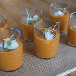 Butternut Squash Soup Shot on Wooden Tray