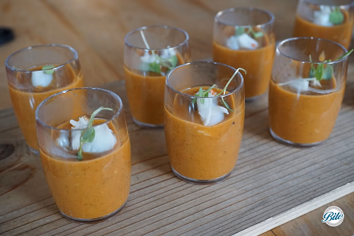 Butternut Squash Soup Shot on Wooden Tray