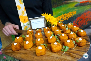 Passed Mac n Cheese Bites on Wooden Peel