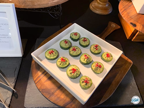 Edamame Hummus Cucumber Canape on White Tray