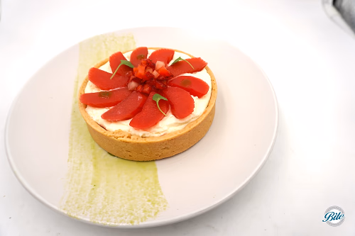 Strawberry and Rose-Poached Rhubarb Mascarpone Cream Tart