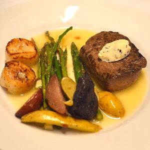 Steak and Scallops Plated with Vegetables