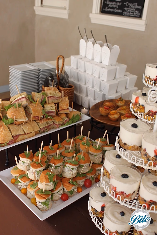 Brunch Buffet - Sandwiches, Boxed Orzo Salad, Mini Egg Souffles, and Granola Parfait