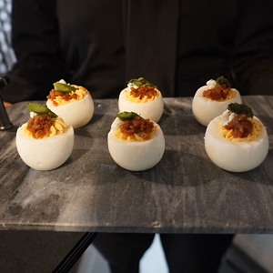 Bacon blue cheese devilled egg with asparagus