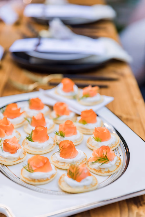 Blini with smoked salmon, caviar, creme fraiche and dill