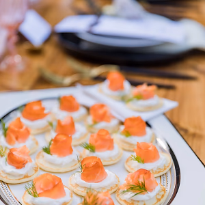 Raised blini with smoked salmon, caviar, creme fraiche and dill