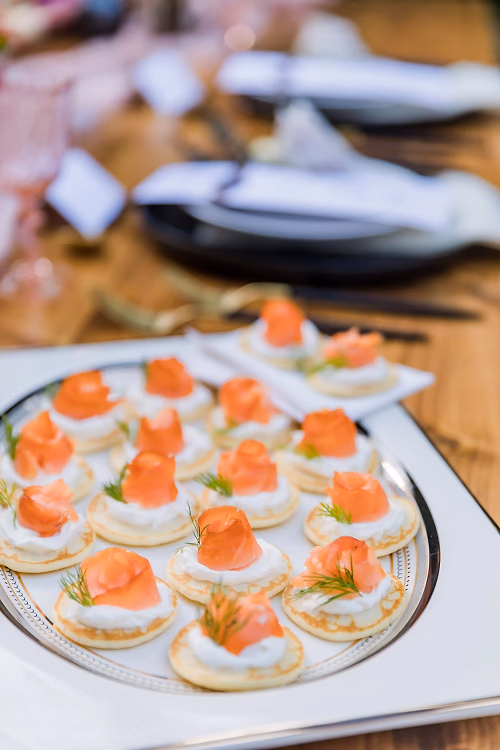 Raised blini with smoked salmon, caviar, creme fraiche and dill