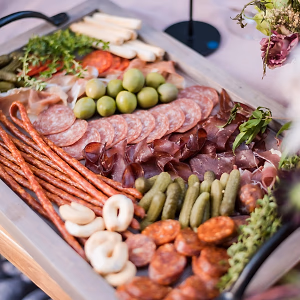 An elegant charcuterie board served family-style
