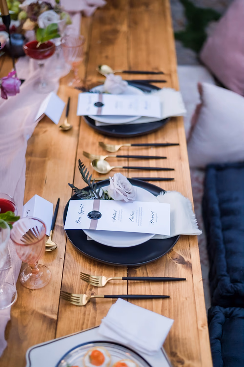 Black, gold and blush wedding tablescape