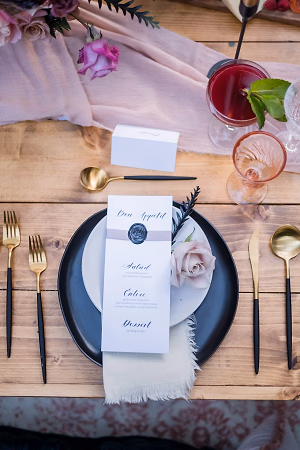 Black, blush and gold tablescape