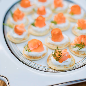 Raised blini with smoked salmon, caviar, creme fraiche and dill