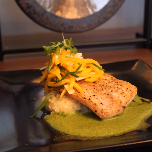 Spiced mahi-mahi with pineapple risotto, coconut salsa verde and mango salsa