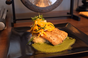 Spiced mahi-mahi with pineapple risotto, coconut salsa verde and mango salsa