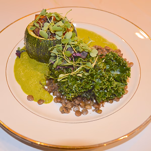 Japanese Squash with Butternut Squash, Braised Lentils and Garlic Sautéed Kale