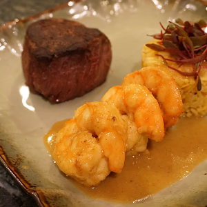 BBQ Beef Filet Mignon paired with Coconut Curry Prawns