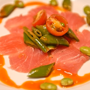 Ahi Tuna Crudo, Sriracha Edamame Salad