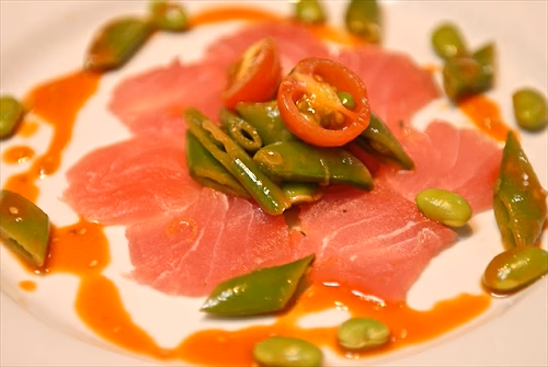 Ahi Tuna Crudo, Sriracha Edamame Salad