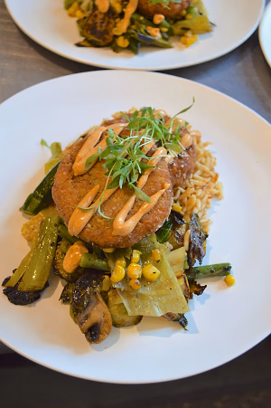 Chickpea Croquette, rice pilaf, vegetable medley