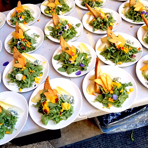 Endive and Arugula salad with seasonal fruit, gorgonzola and agave chipotle vinaigrette - Garnished with edible flowers