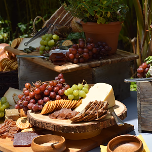 Lush grazing table with cheese, charcuterie, fresh fruit, crackers and costinis