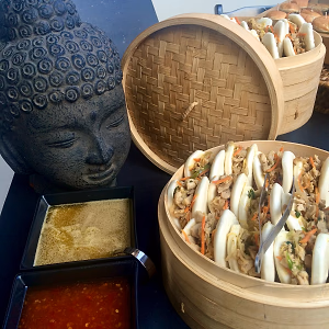 Asian display with bahn mi bao sandwiches