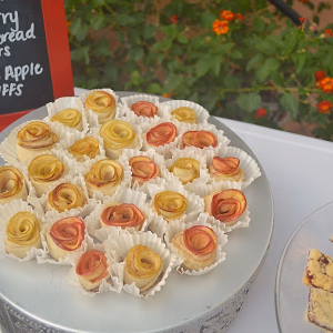 Floral themed apple puffs for a wedding dessert display