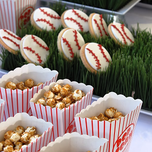 Baseball themed caramel corn and cookies