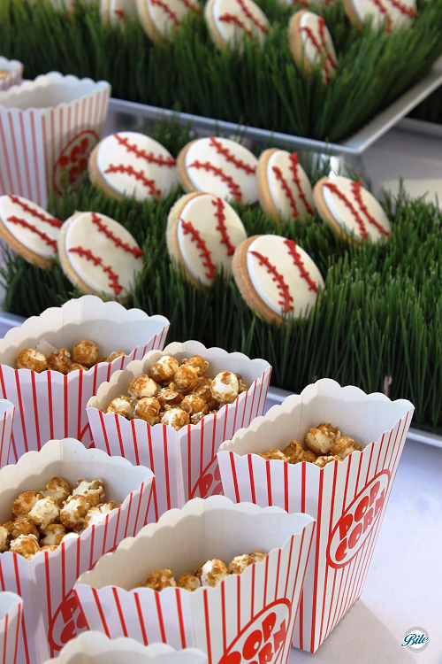 Baseball themed caramel corn and cookies
