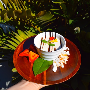 Greek yogurt panna cotta plated with warm chocolate sauce and balsamic strawberries