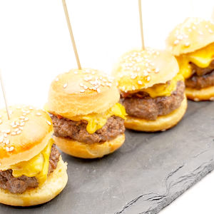 Mini bbq bacon cheeseburgers on brioche buns