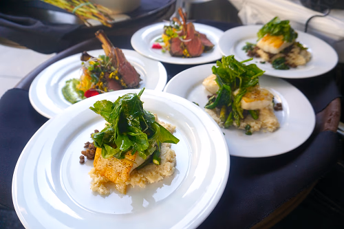 Pan Seared Sea Bass and Pistachio-Crusted Rack of Lamb 