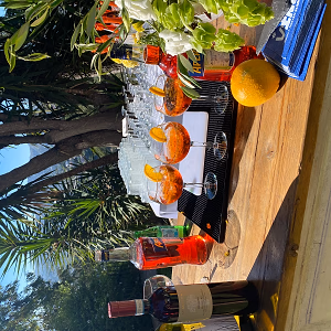 Outdoor cocktail station showing an Aperol and lemon drink